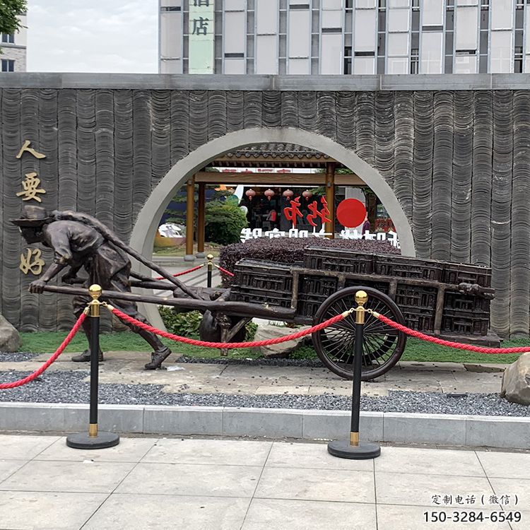 黃包車雕塑廠家，商業(yè)街人物小品，仿銅黃包車雕塑制作
