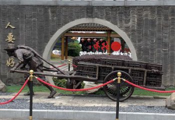黃包車雕塑廠家，商業(yè)街人物小品，仿銅黃包車雕塑制作