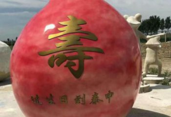 壽桃雕塑廠家，仿真水果擺件，玻璃鋼仿真壽桃雕塑小品
