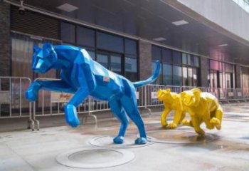 豹子雕塑廠家，商業(yè)街動物小品，幾何豹子雕塑制作