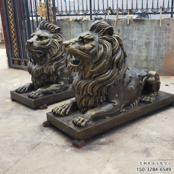 仿銅獅子雕塑，玻璃鋼仿銅趴獅雕塑廠家