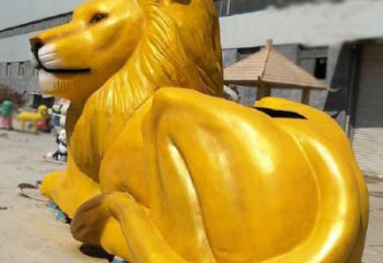臥式玻璃鋼彩繪獅子雕塑，動(dòng)物仿真效果