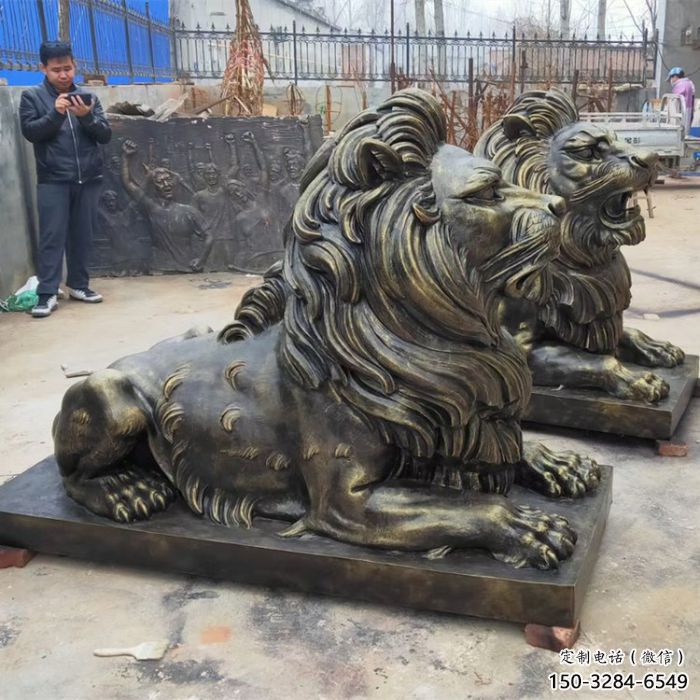克拉瑪依大型趴獅雕塑，仿銅動(dòng)物雕塑，玻璃鋼獅子雕塑制作