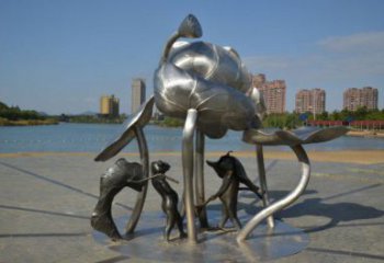 城關(guān)蓮蓬嬉戲雕塑，城市植物景觀雕塑，不銹鋼鏡面效果